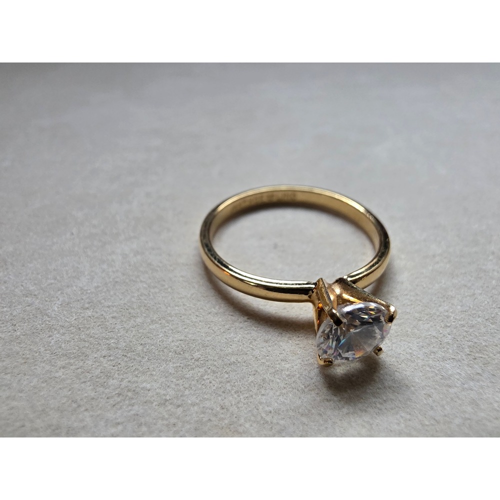 Lind 14KT HGE Gold Electroplate Round Solitaire Ring Size 8.75 Clear Stone